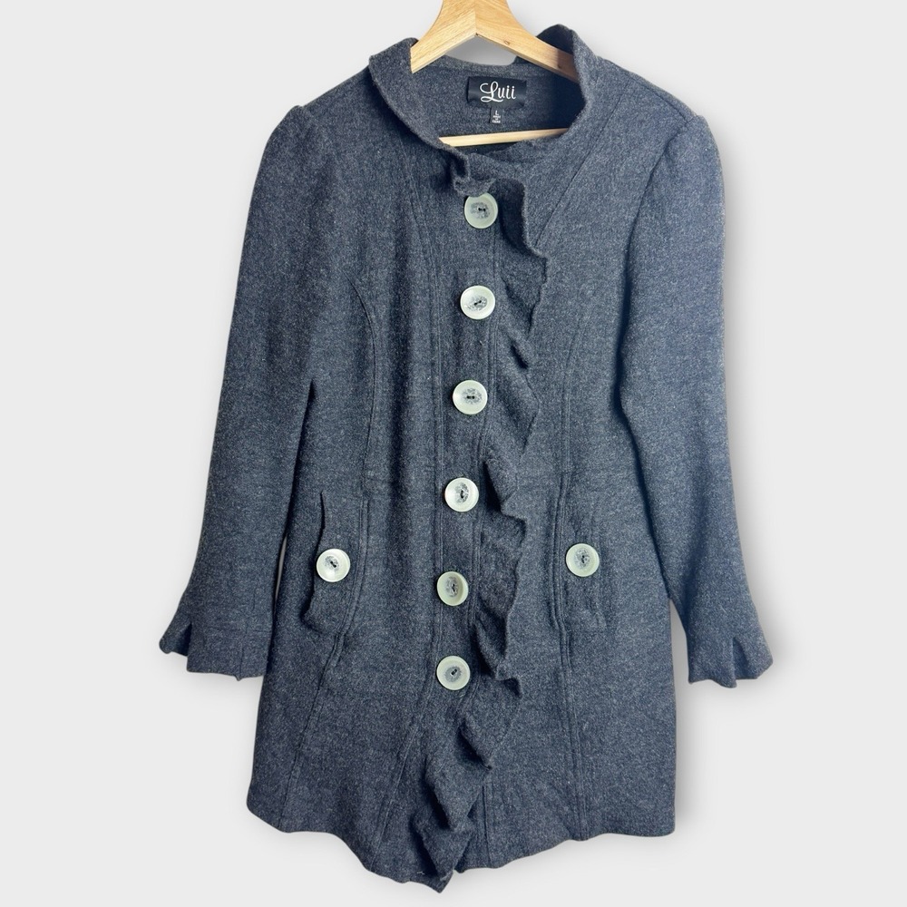 Luii Charcoal Gray L 100% Wool Ruffle Front Button Down Coat y2k vintage Fairy